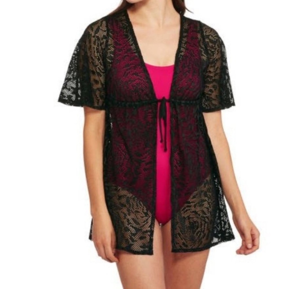 Catalina Black Sheer Lace Short Sleeve Tie Front Swim Bathing Suit Cover Up M